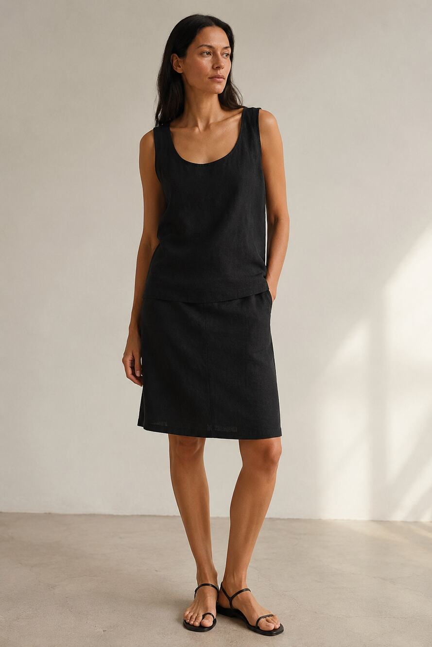 Eileen Fisher Linen Tank Skirt Set L Black Top Coastal Travel Quiet Luxury
